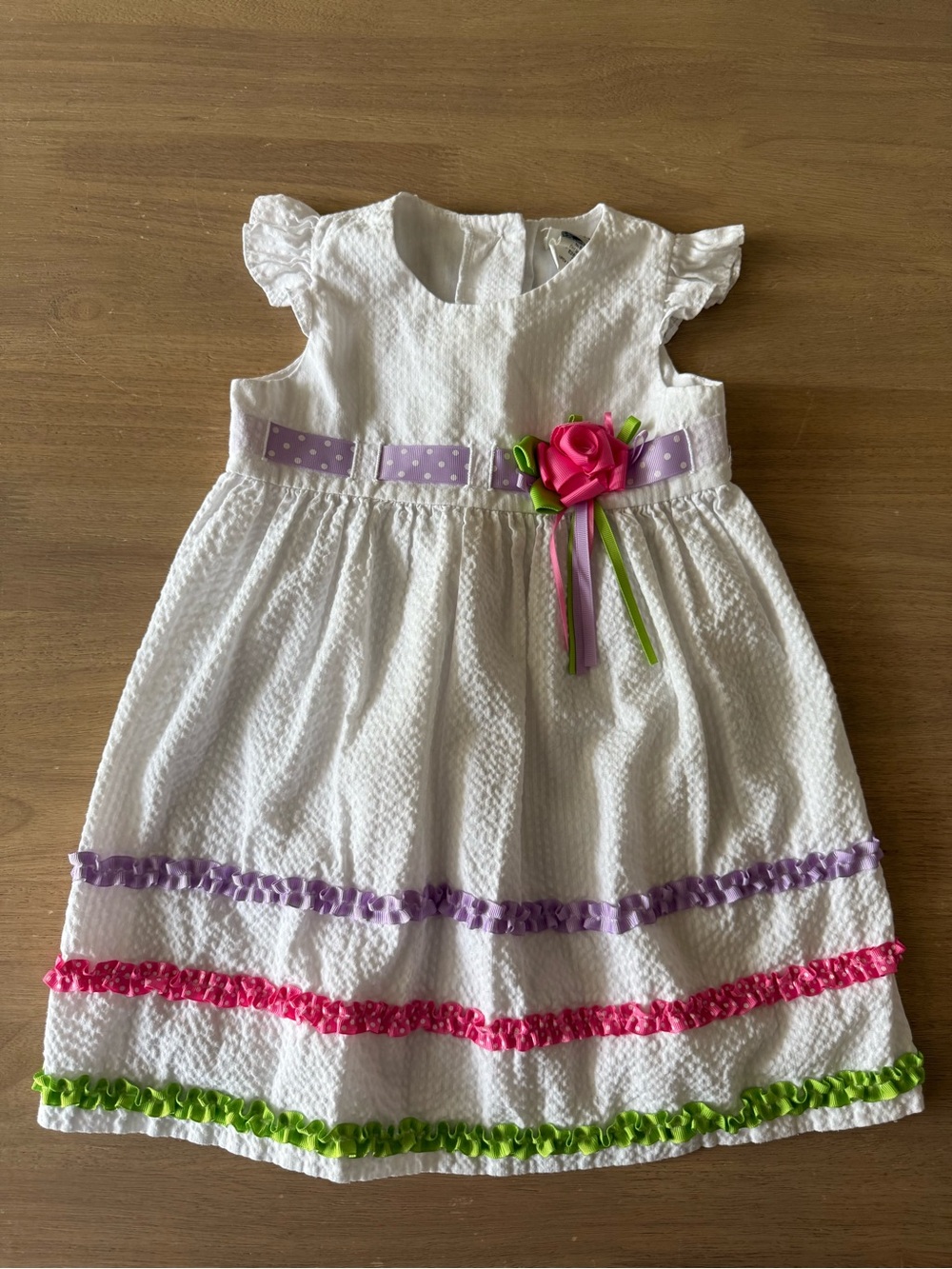 Vintage seer sucker White Girls' Party Dress with Pink Rose and Ribbon Trim